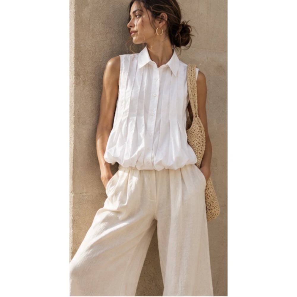Maeve Anthropologie White Pleated Bubble Hem Sleeveless Button Down Top M Career